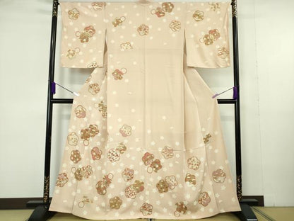 平和屋本店●極上　吉澤友禅　訪問着　駒刺繍　松竹梅　桜　橘　薄い洗柿色地　金彩　縮緬地　反端付き　逸品　未使用　DZAB7003kh6