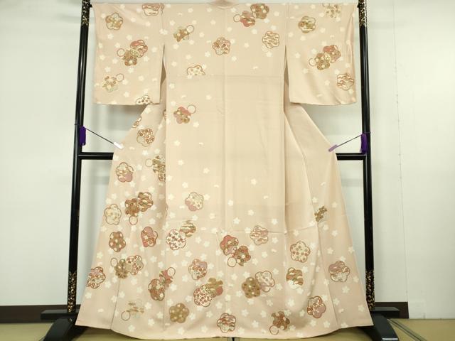 平和屋本店●極上　吉澤友禅　訪問着　駒刺繍　松竹梅　桜　橘　薄い洗柿色地　金彩　縮緬地　反端付き　逸品　未使用　DZAB7003kh6