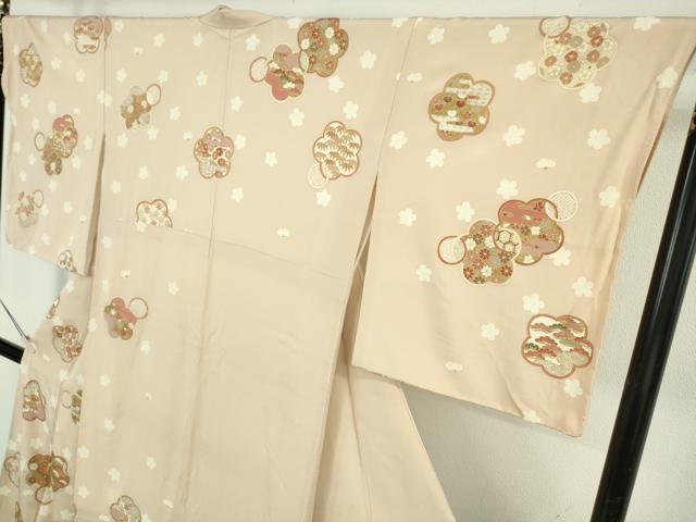 平和屋本店●極上　吉澤友禅　訪問着　駒刺繍　松竹梅　桜　橘　薄い洗柿色地　金彩　縮緬地　反端付き　逸品　未使用　DZAB7003kh6