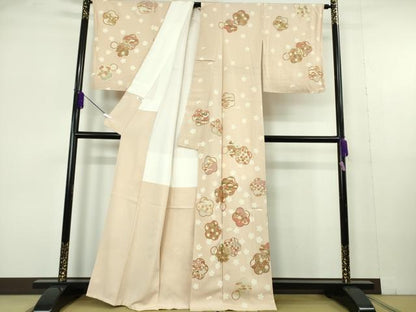 平和屋本店●極上　吉澤友禅　訪問着　駒刺繍　松竹梅　桜　橘　薄い洗柿色地　金彩　縮緬地　反端付き　逸品　未使用　DZAB7003kh6