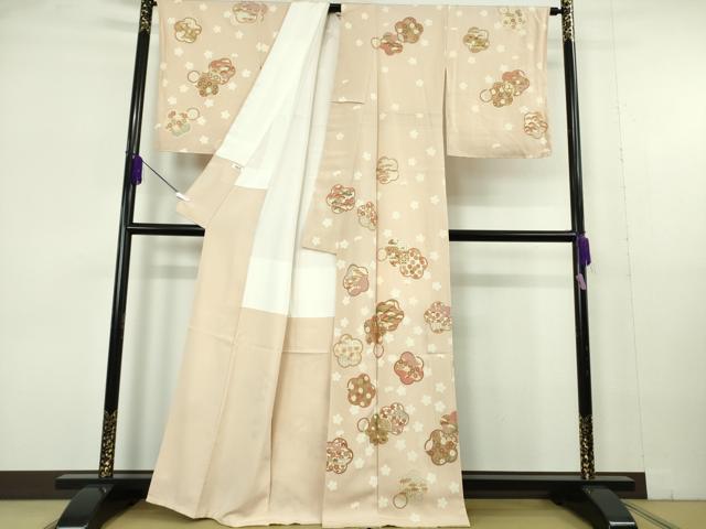 平和屋本店●極上　吉澤友禅　訪問着　駒刺繍　松竹梅　桜　橘　薄い洗柿色地　金彩　縮緬地　反端付き　逸品　未使用　DZAB7003kh6