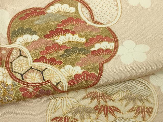 平和屋本店●極上　吉澤友禅　訪問着　駒刺繍　松竹梅　桜　橘　薄い洗柿色地　金彩　縮緬地　反端付き　逸品　未使用　DZAB7003kh6