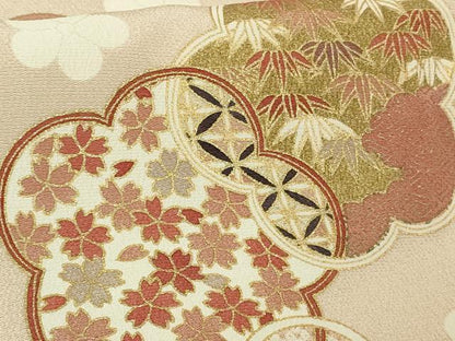 平和屋本店●極上　吉澤友禅　訪問着　駒刺繍　松竹梅　桜　橘　薄い洗柿色地　金彩　縮緬地　反端付き　逸品　未使用　DZAB7003kh6