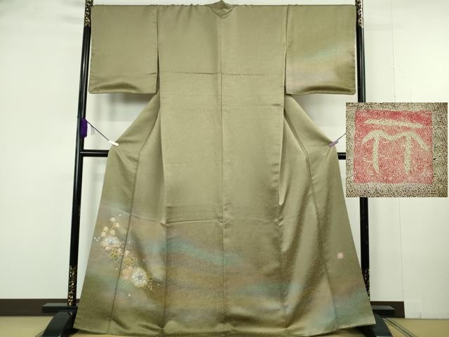 平和屋本店●極上　久保田一竹　幻の辻が花　訪問着　利休色地　暈し染め　金通し地　ますいわ屋扱い　逸品　DZAB7005kh6