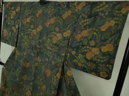 平和屋本店▽極上　中国三大刺繍 スワトウ刺繍 相良・蘇州刺繍 本場縞大島紬　単衣　辻が花　上村絹織物謹製　証紙付き　逸品　DZAB7006kh6