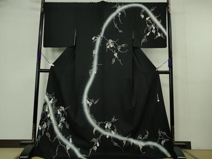 平和屋本店●極上　中国三大刺繍　相良刺繍　竹屋町刺繍　訪問着　瓢箪蔦の葉文　黒地　暈し染め　金銀糸　逸品　DZAB7007kh6