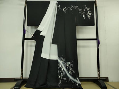 平和屋本店●極上　中国三大刺繍　相良刺繍　竹屋町刺繍　訪問着　瓢箪蔦の葉文　黒地　暈し染め　金銀糸　逸品　DZAB7007kh6