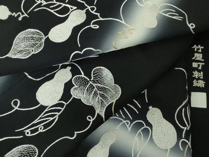 平和屋本店●極上　中国三大刺繍　相良刺繍　竹屋町刺繍　訪問着　瓢箪蔦の葉文　黒地　暈し染め　金銀糸　逸品　DZAB7007kh6