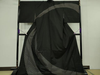 平和屋本店●極上　本場縞大島紬　訪問着　刺し子　刺繍　名物裂　黒地　ロング丈　逸品　未使用　DZAB7016kh6