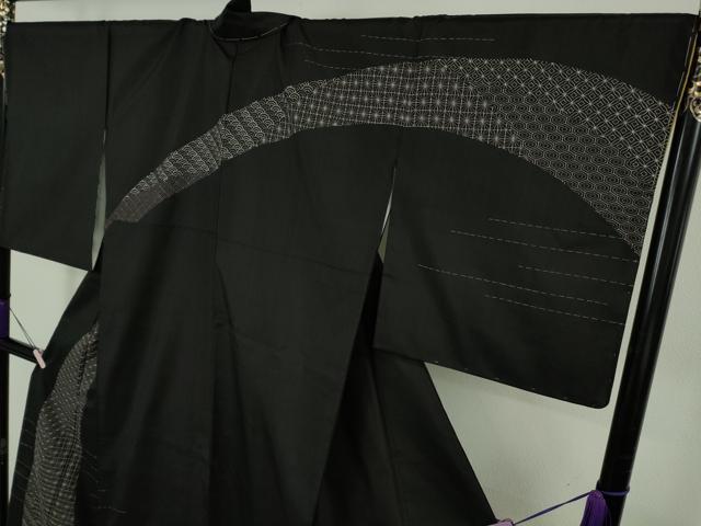 平和屋本店●極上　本場縞大島紬　訪問着　刺し子　刺繍　名物裂　黒地　ロング丈　逸品　未使用　DZAB7016kh6