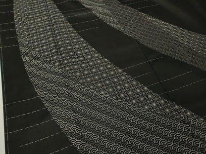 平和屋本店●極上　本場縞大島紬　訪問着　刺し子　刺繍　名物裂　黒地　ロング丈　逸品　未使用　DZAB7016kh6