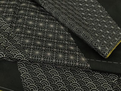 平和屋本店●極上　本場縞大島紬　訪問着　刺し子　刺繍　名物裂　黒地　ロング丈　逸品　未使用　DZAB7016kh6