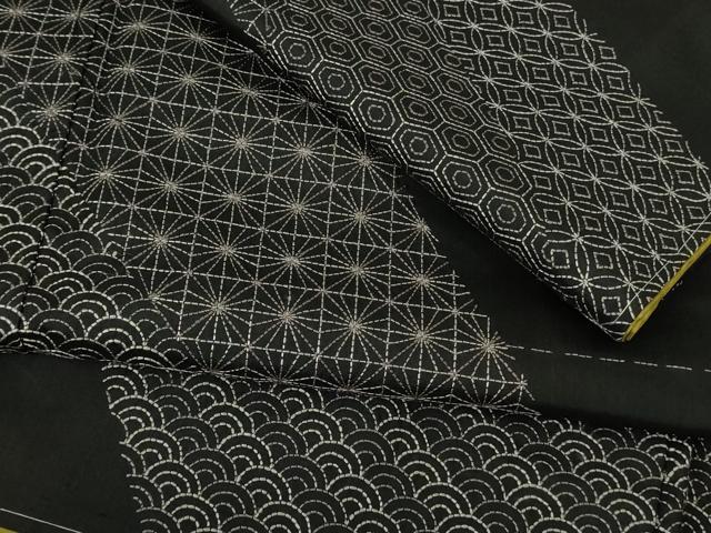 平和屋本店●極上　本場縞大島紬　訪問着　刺し子　刺繍　名物裂　黒地　ロング丈　逸品　未使用　DZAB7016kh6