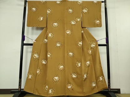 平和屋本店●極上　小紋　兎　花丸文　桑茶色地　金彩　鬼しぼ縮緬　逸品　DZAB7020kh6