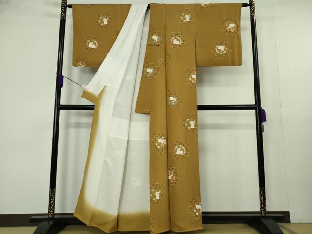 平和屋本店●極上　小紋　兎　花丸文　桑茶色地　金彩　鬼しぼ縮緬　逸品　DZAB7020kh6