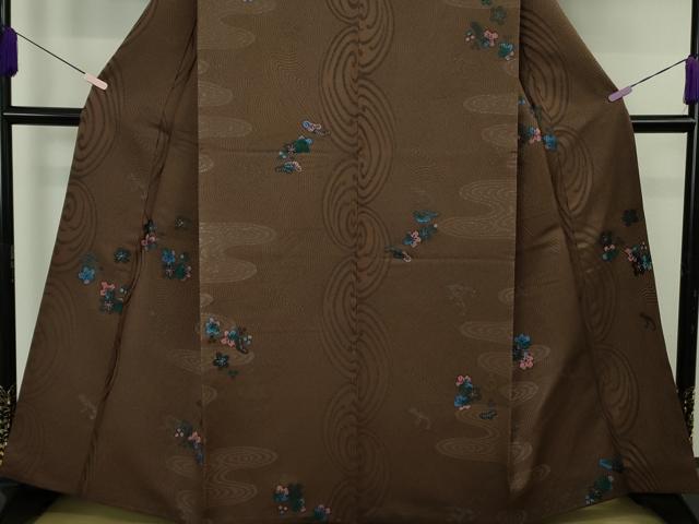 平和屋本店●極上　キモノデザイナー　斉藤上太郎　訪問着　お召地　手描き　流水梅松文　赤墨色地　銀糸　逸品　DZAB7024kh6