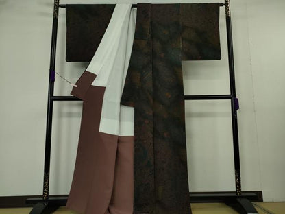 平和屋本店●極上　前田仁仙　仁仙更紗　訪問着　更紗花鳥文　黒鳶色地　鬼しぼ縮緬　反端付き　逸品　未使用　DZAB7026kh6