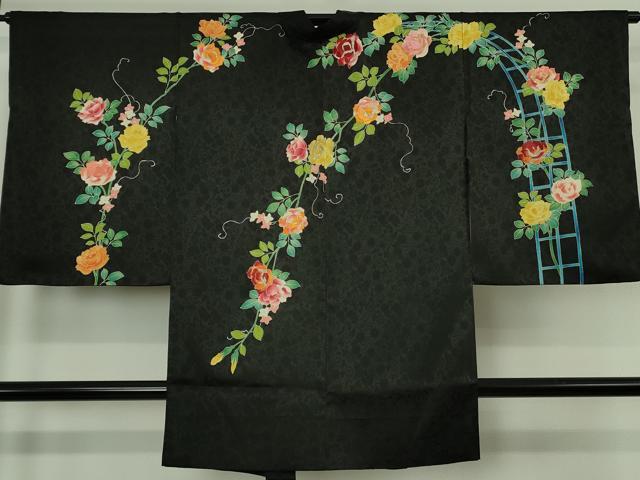 平和屋本店∞極上　野口真造　大彦二代目　江戸染繍友禅　長羽織　刺繍　薔薇　バラ　黒地　金銀糸　逸品　DZAB7028kh6