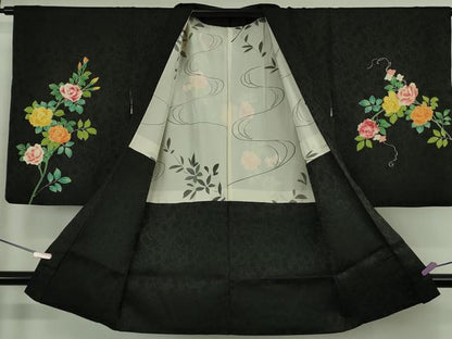 平和屋本店∞極上　野口真造　大彦二代目　江戸染繍友禅　長羽織　刺繍　薔薇　バラ　黒地　金銀糸　逸品　DZAB7028kh6