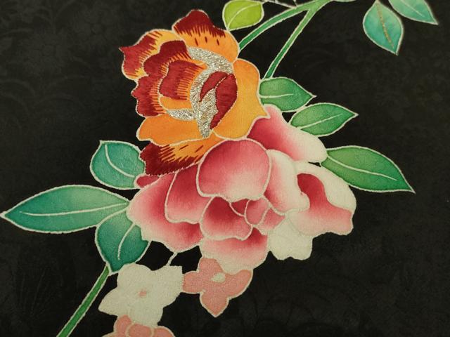 平和屋本店∞極上　野口真造　大彦二代目　江戸染繍友禅　長羽織　刺繍　薔薇　バラ　黒地　金銀糸　逸品　DZAB7028kh6