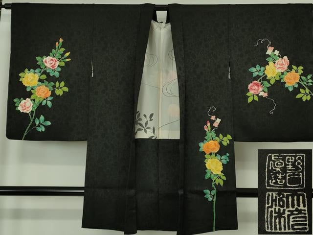 平和屋本店∞極上　野口真造　大彦二代目　江戸染繍友禅　長羽織　刺繍　薔薇　バラ　黒地　金銀糸　逸品　DZAB7028kh6