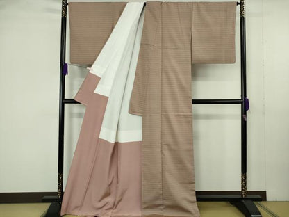 平和屋着物●極上　お召　よしの格子　ゴールドシルク　草木媒染　梅鼠色地　反端付き　逸品　DZAB7029kh6