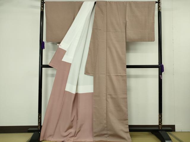 平和屋着物●極上　お召　よしの格子　ゴールドシルク　草木媒染　梅鼠色地　反端付き　逸品　DZAB7029kh6