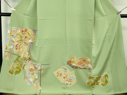 平和屋本店●極上　創業460年・千總　色留袖　駒刺繍　誰が袖花松文　若葉色地　金彩　三越扱い　逸品　DZAB7036kh6