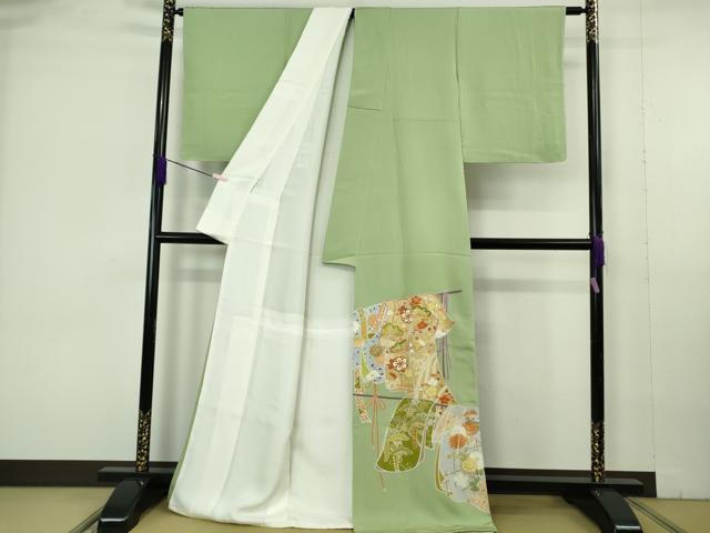 平和屋本店●極上　創業460年・千總　色留袖　駒刺繍　誰が袖花松文　若葉色地　金彩　三越扱い　逸品　DZAB7036kh6