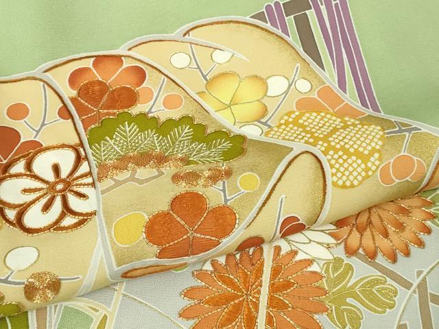 平和屋本店●極上　創業460年・千總　色留袖　駒刺繍　誰が袖花松文　若葉色地　金彩　三越扱い　逸品　DZAB7036kh6