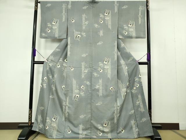平和屋着物●極上　松煙染の第一人者　川島草苑　小紋　古代織　ふくら雀　笹竹　錫色地　反端付き　逸品　DZAB7040kh6