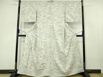 平和屋本店●極上　中国三大刺繍 スワトウ刺繍 汕頭刺繍 総刺繍　訪問着　風景花文　白緑色地　金糸　反端付き　逸品　未使用　DZAB7041kh6
