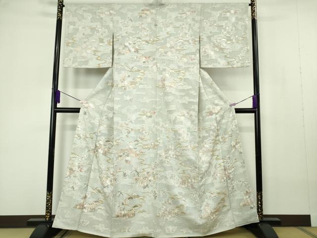 平和屋本店●極上　中国三大刺繍 スワトウ刺繍 汕頭刺繍 総刺繍　訪問着　風景花文　白緑色地　金糸　反端付き　逸品　未使用　DZAB7041kh6