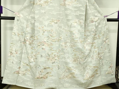平和屋本店●極上　中国三大刺繍 スワトウ刺繍 汕頭刺繍 総刺繍　訪問着　風景花文　白緑色地　金糸　反端付き　逸品　未使用　DZAB7041kh6