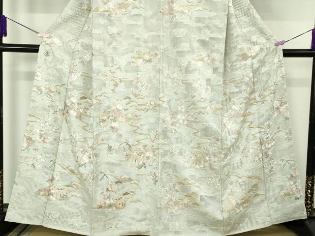 平和屋本店●極上　中国三大刺繍 スワトウ刺繍 汕頭刺繍 総刺繍　訪問着　風景花文　白緑色地　金糸　反端付き　逸品　未使用　DZAB7041kh6