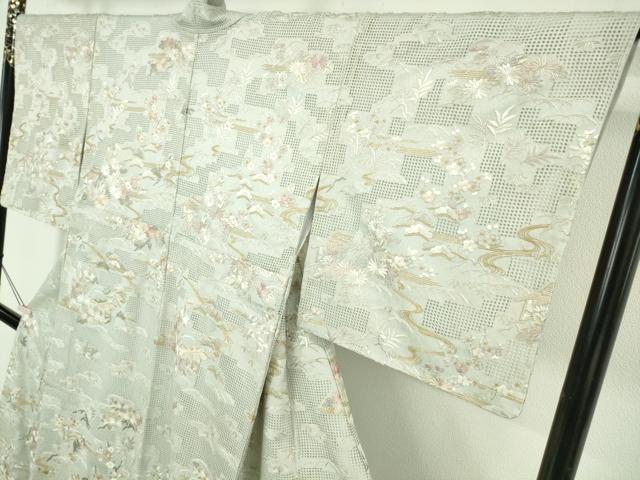 平和屋本店●極上　中国三大刺繍 スワトウ刺繍 汕頭刺繍 総刺繍　訪問着　風景花文　白緑色地　金糸　反端付き　逸品　未使用　DZAB7041kh6