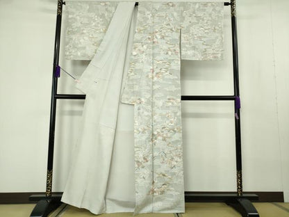 平和屋本店●極上　中国三大刺繍 スワトウ刺繍 汕頭刺繍 総刺繍　訪問着　風景花文　白緑色地　金糸　反端付き　逸品　未使用　DZAB7041kh6