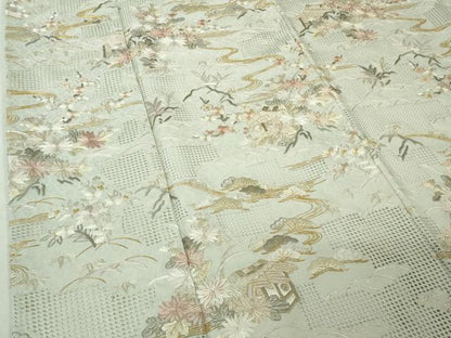 平和屋本店●極上　中国三大刺繍 スワトウ刺繍 汕頭刺繍 総刺繍　訪問着　風景花文　白緑色地　金糸　反端付き　逸品　未使用　DZAB7041kh6