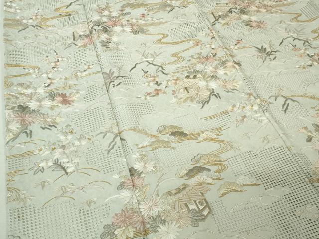 平和屋本店●極上　中国三大刺繍 スワトウ刺繍 汕頭刺繍 総刺繍　訪問着　風景花文　白緑色地　金糸　反端付き　逸品　未使用　DZAB7041kh6