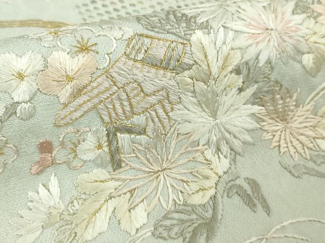 平和屋本店●極上　中国三大刺繍 スワトウ刺繍 汕頭刺繍 総刺繍　訪問着　風景花文　白緑色地　金糸　反端付き　逸品　未使用　DZAB7041kh6
