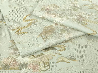 平和屋本店●極上　中国三大刺繍 スワトウ刺繍 汕頭刺繍 総刺繍　訪問着　風景花文　白緑色地　金糸　反端付き　逸品　未使用　DZAB7041kh6
