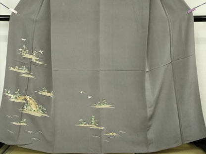 平和屋本店▽極上　染刺工芸 大羊居 東京友禅 訪問着 単衣 刺繍　渡橋飛鳥風景　灰色地　金銀糸　高島屋扱い　反端付き　逸品　DZAB7045kh6