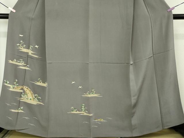 平和屋本店▽極上　染刺工芸 大羊居 東京友禅 訪問着 単衣 刺繍　渡橋飛鳥風景　灰色地　金銀糸　高島屋扱い　反端付き　逸品　DZAB7045kh6