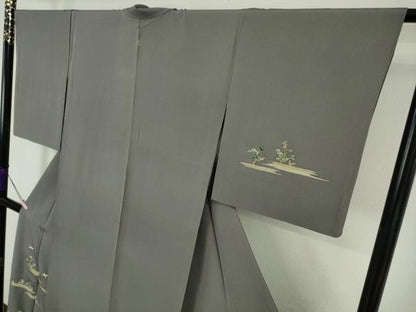 平和屋本店▽極上　染刺工芸 大羊居 東京友禅 訪問着 単衣 刺繍　渡橋飛鳥風景　灰色地　金銀糸　高島屋扱い　反端付き　逸品　DZAB7045kh6