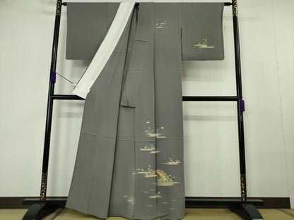 平和屋本店▽極上　染刺工芸 大羊居 東京友禅 訪問着 単衣 刺繍　渡橋飛鳥風景　灰色地　金銀糸　高島屋扱い　反端付き　逸品　DZAB7045kh6