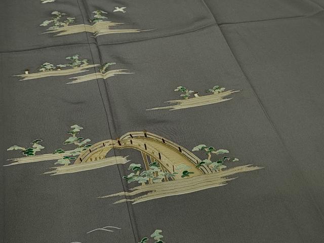 平和屋本店▽極上　染刺工芸 大羊居 東京友禅 訪問着 単衣 刺繍　渡橋飛鳥風景　灰色地　金銀糸　高島屋扱い　反端付き　逸品　DZAB7045kh6