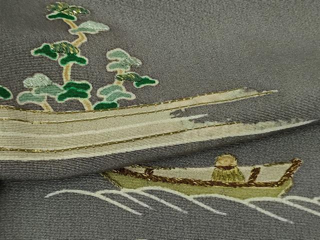 平和屋本店▽極上　染刺工芸 大羊居 東京友禅 訪問着 単衣 刺繍　渡橋飛鳥風景　灰色地　金銀糸　高島屋扱い　反端付き　逸品　DZAB7045kh6