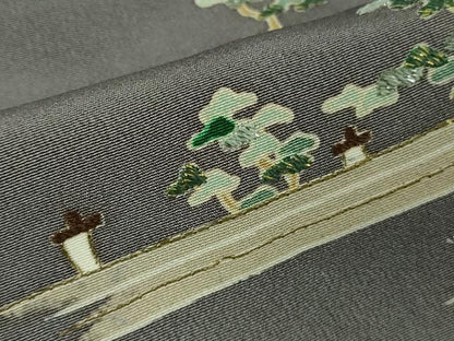 平和屋本店▽極上　染刺工芸 大羊居 東京友禅 訪問着 単衣 刺繍　渡橋飛鳥風景　灰色地　金銀糸　高島屋扱い　反端付き　逸品　DZAB7045kh6
