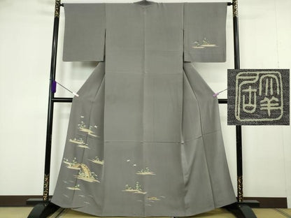 平和屋本店▽極上　染刺工芸 大羊居 東京友禅 訪問着 単衣 刺繍　渡橋飛鳥風景　灰色地　金銀糸　高島屋扱い　反端付き　逸品　DZAB7045kh6