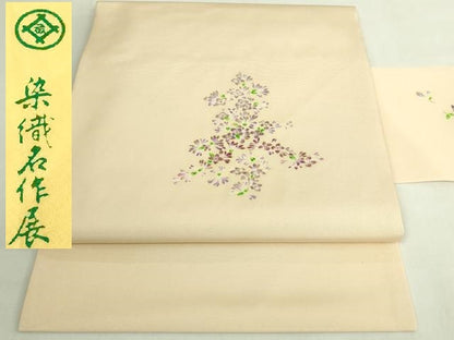 平和屋本店●極上　塩瀬　九寸名古屋帯　刺繍　草花文　金彩　風呂敷付き　松坂屋染織名作展　逸品　DZAB7054kh6